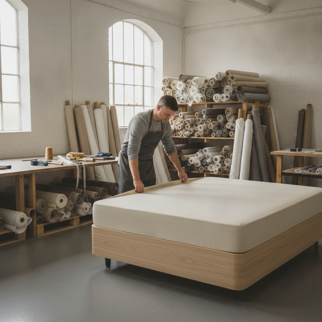 Upholstery fabric being fitted in a bed workshop